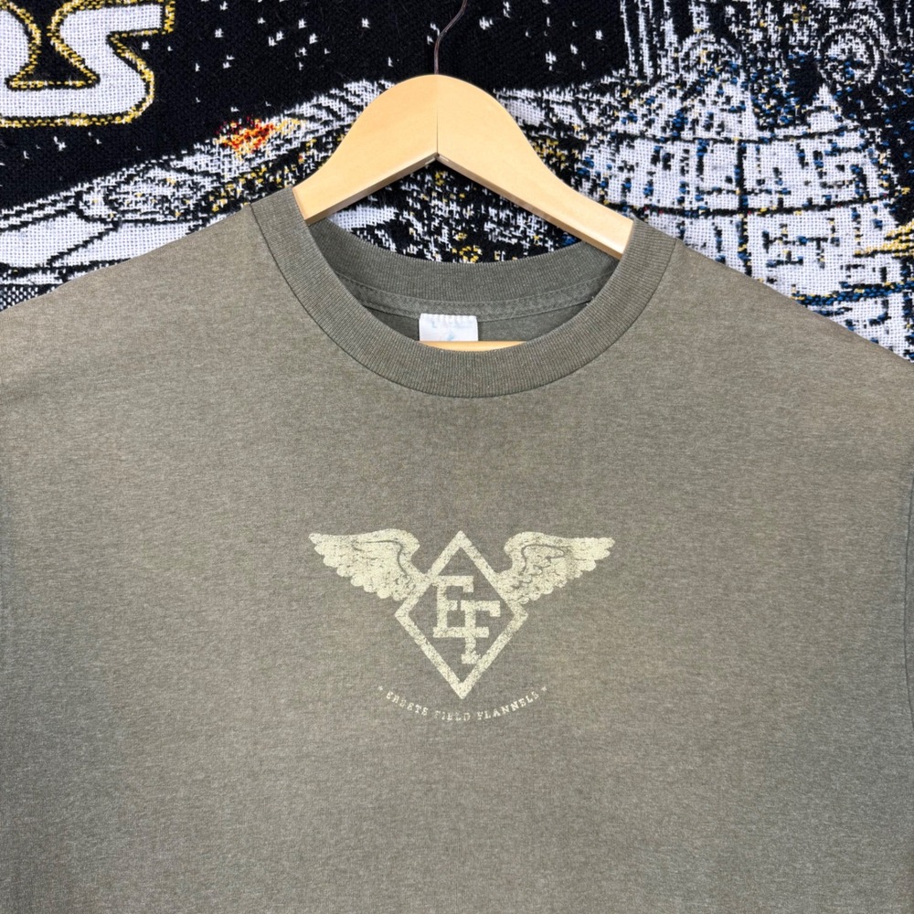 Ebbets Field Flannels Graphic T-Shirt Mens Large Olive Green EFF Winged Logo Tee